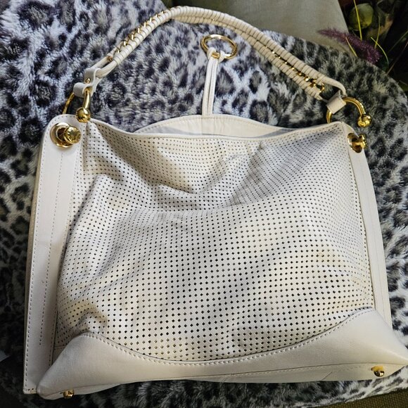 BCBGMaxAzria Cream Buttery Soft Perforated Leather Shoulder Bag, Gold Hardware - Picture 6 of 16